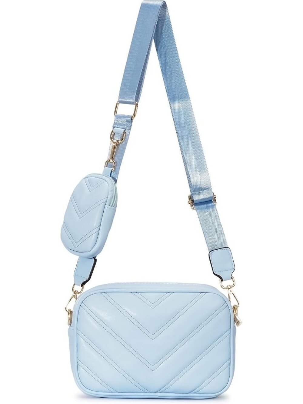 Women Light Blue Vegan Leather Quilted Small Coin Pouch Strap Crossbody Bag